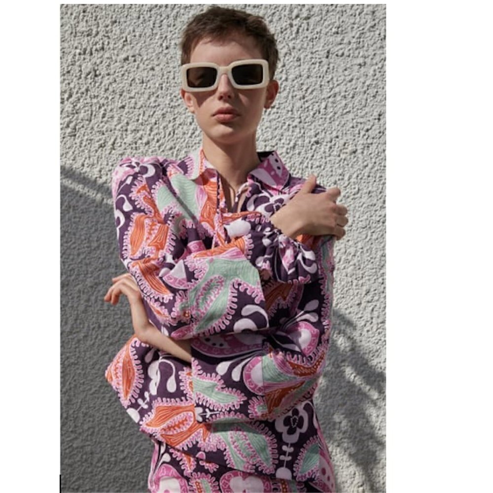 Zara Top and Pant Set XS Printed Linen Spain Groovy 70s 60s Boho Colorful Unique - Picture 3 of 16